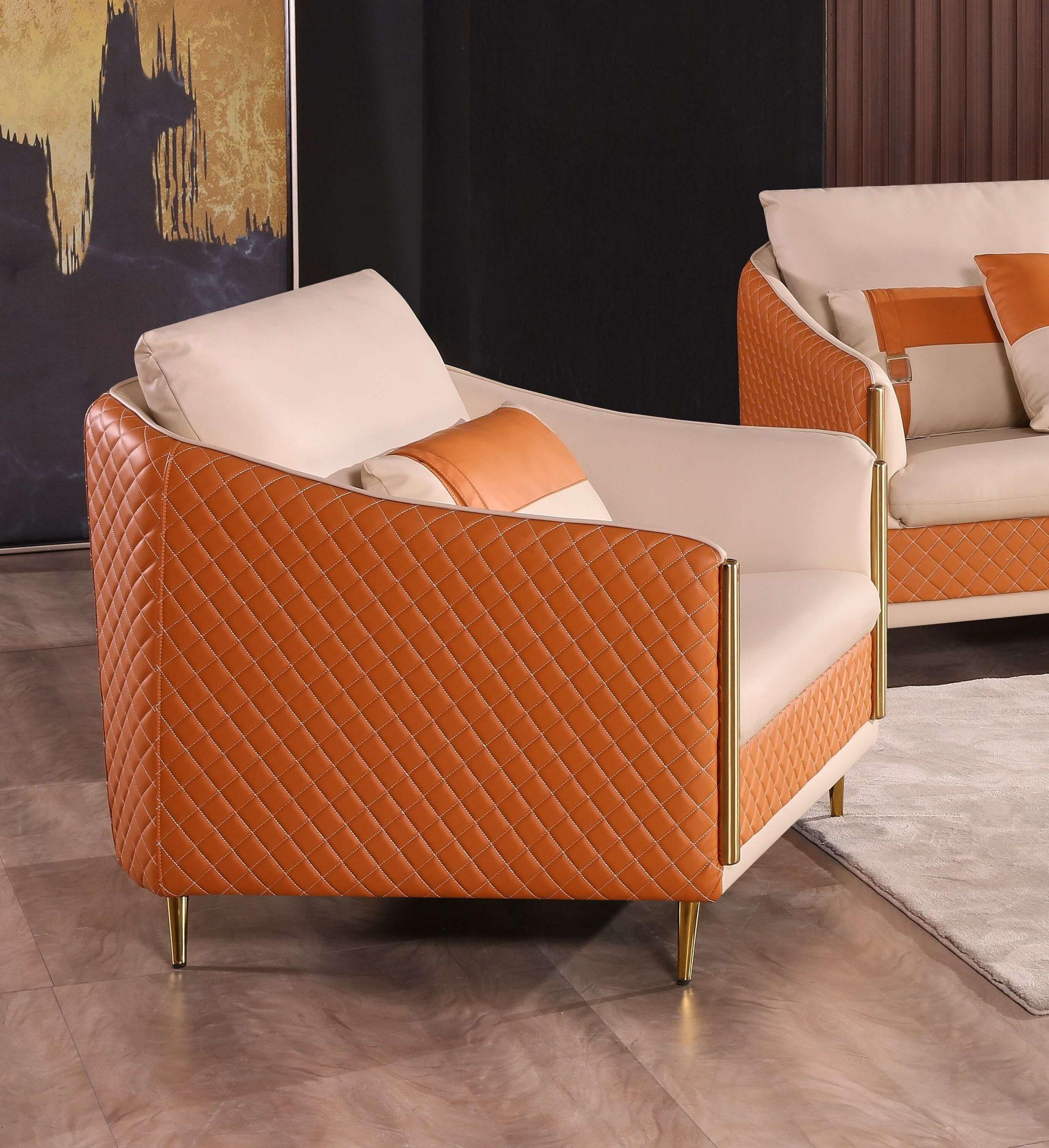 Modern, Vintage Arm Chair ICARO EF-64455-C in Off-White, Orange Italian Leather