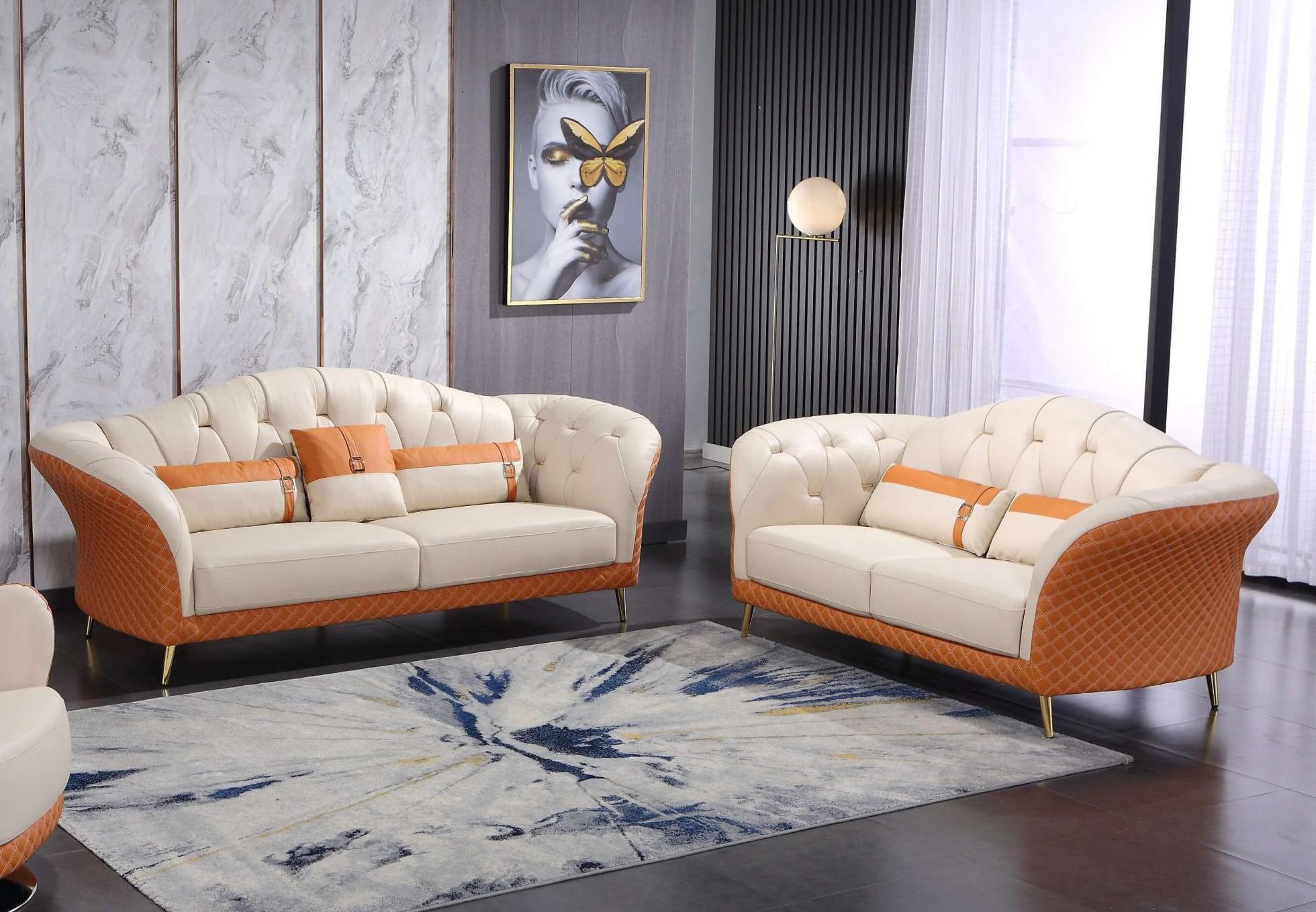Italian Leather Off White Orange Sofa