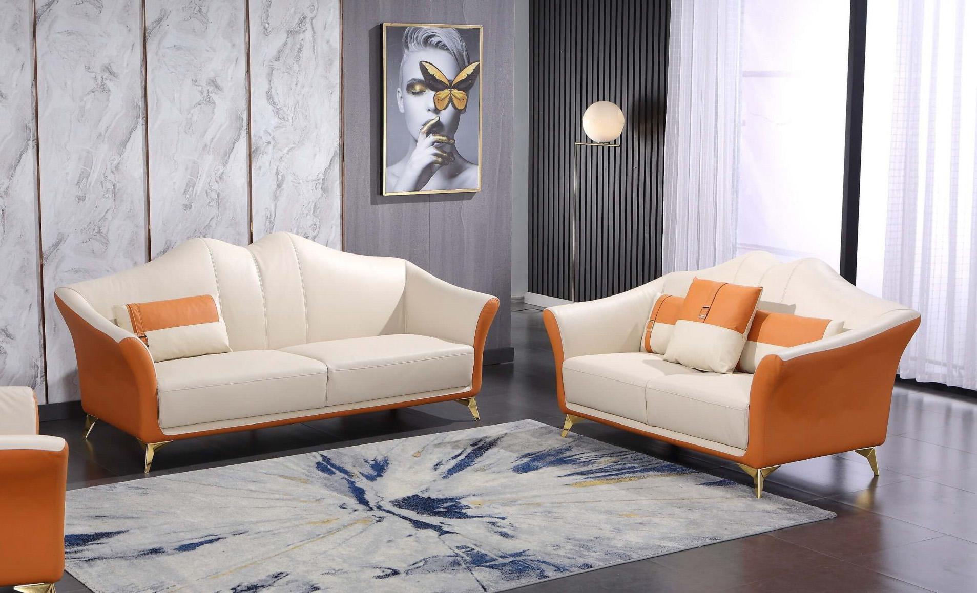 Modern, Vintage Sofa Set WINSTON EF-29050-Set-2 in Off-White, Orange Italian Leather