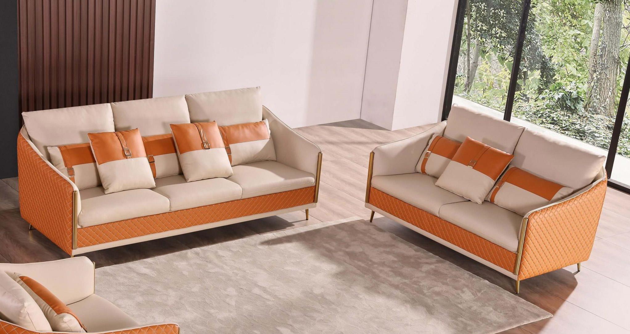 Modern, Vintage Sofa Set ICARO EF-64455-S-Set-2 in Off-White, Orange Italian Leather