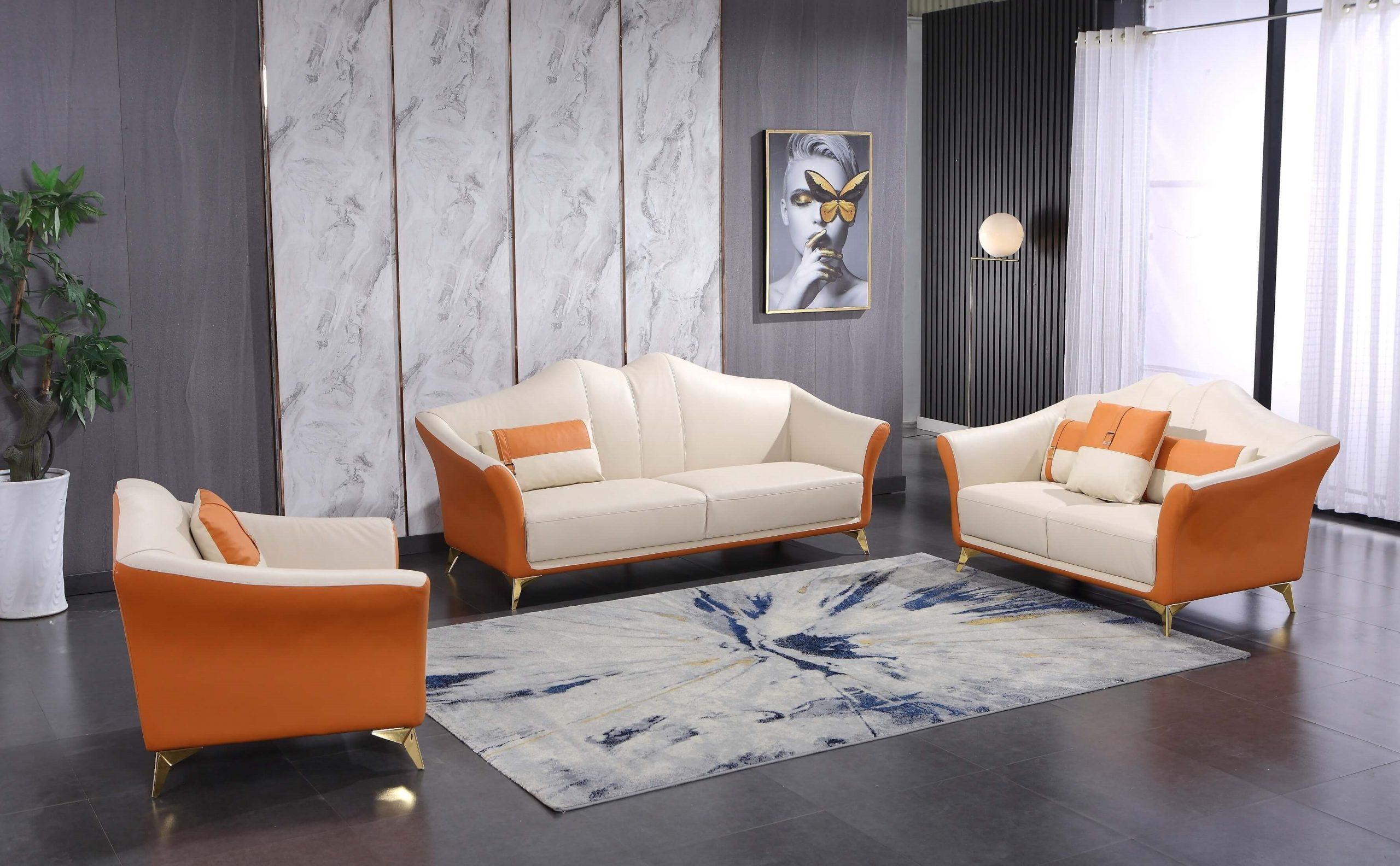 Modern, Vintage Sofa Set WINSTON EF-29050-S-Set-3 in Off-White, Orange Italian Leather