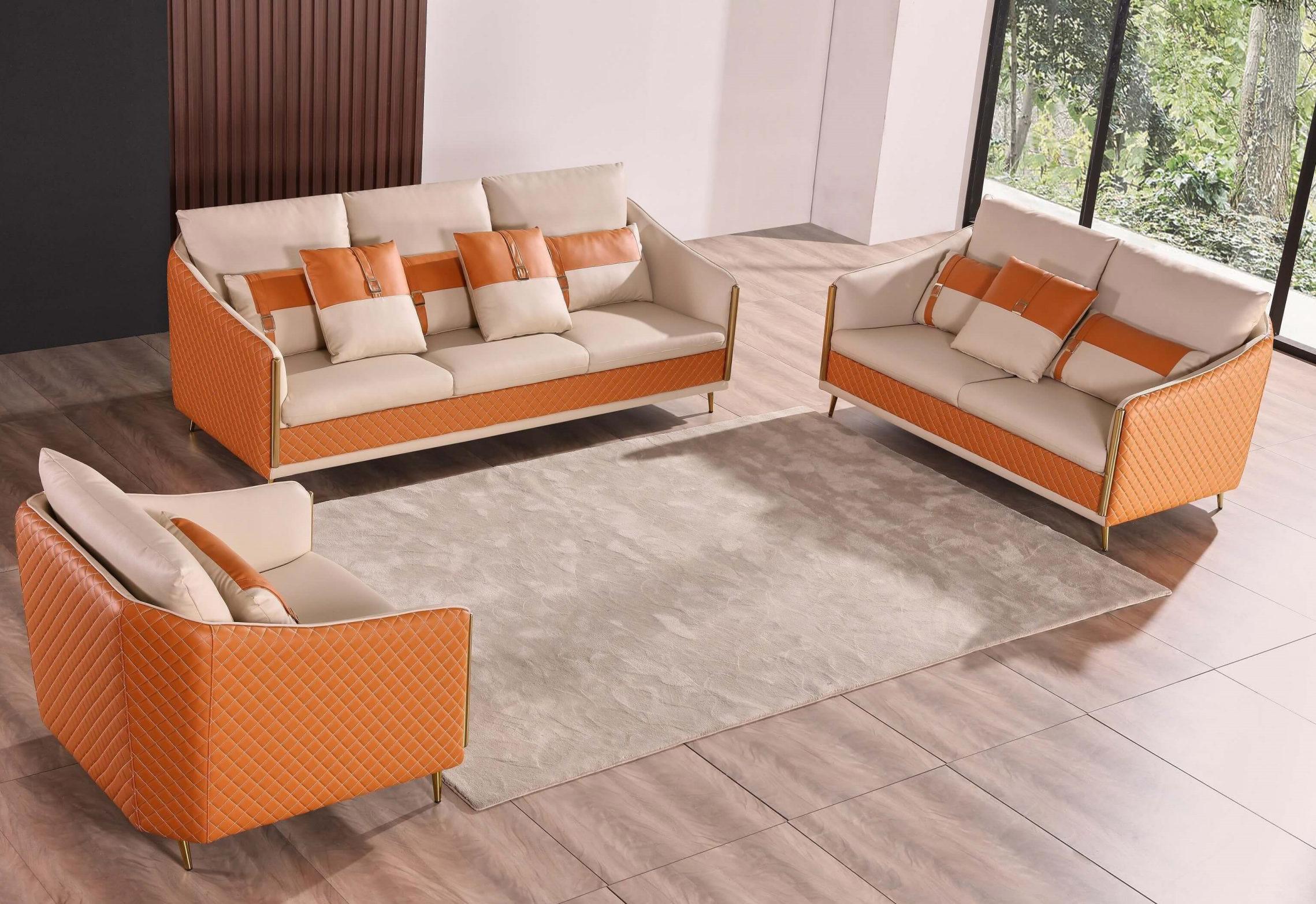 Modern, Vintage Sofa Set ICARO EF-64455-S-Set-3 in Off-White, Orange Italian Leather