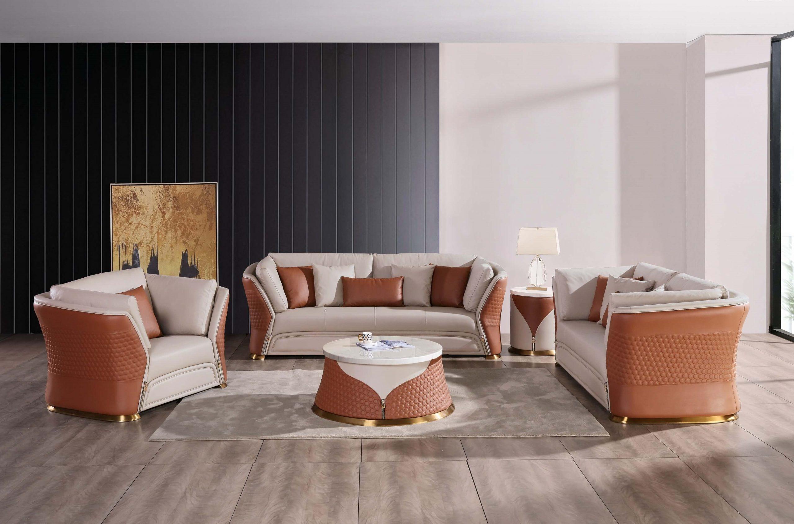 Modern, Vintage Sofa Set VOGUE EF-27992-S-Set-3 in Cognac, Beige Italian Leather