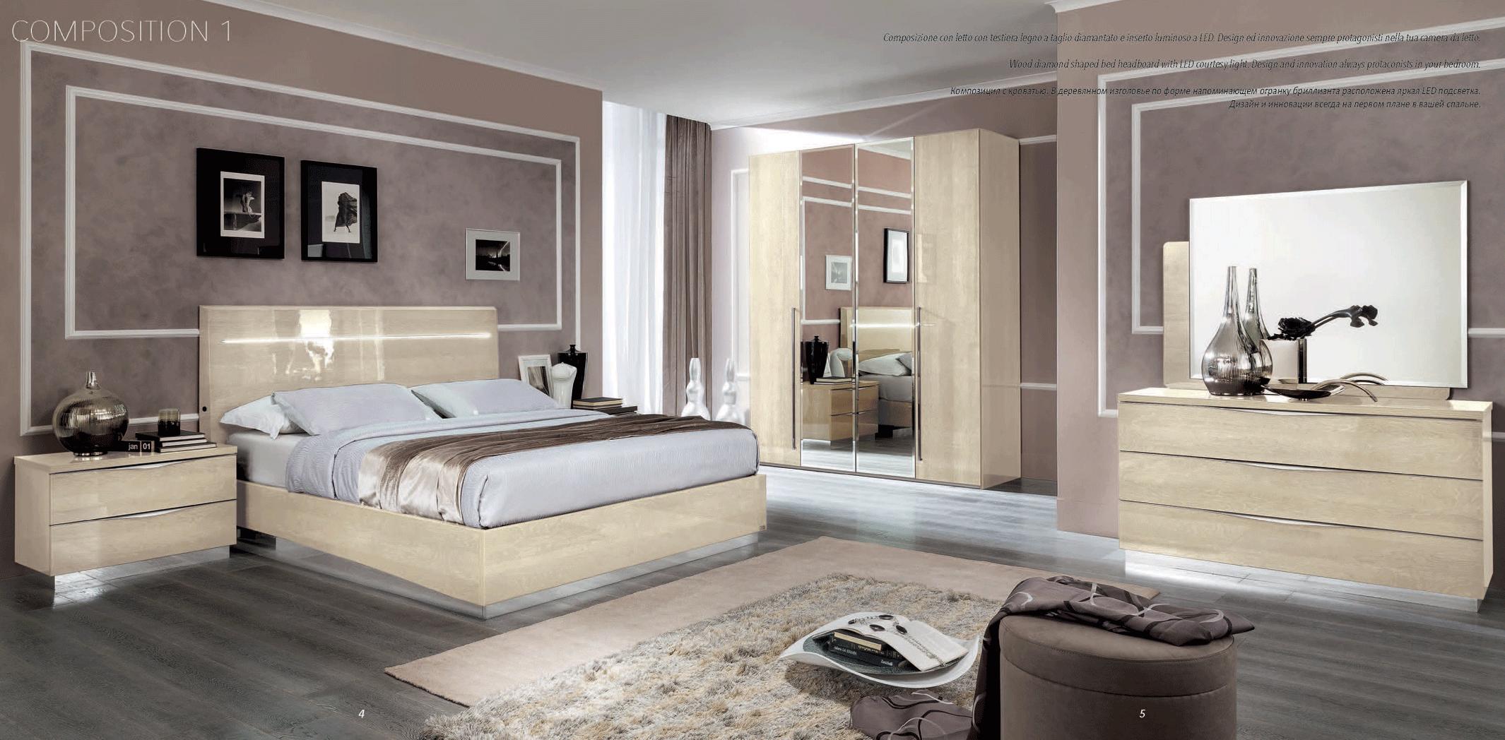 Contemporary, Modern Platform Bedroom Set IVORY Platinum Legno IVORY Platinum Legno-EK-2NDM-5PC in Platinum, Ivory 