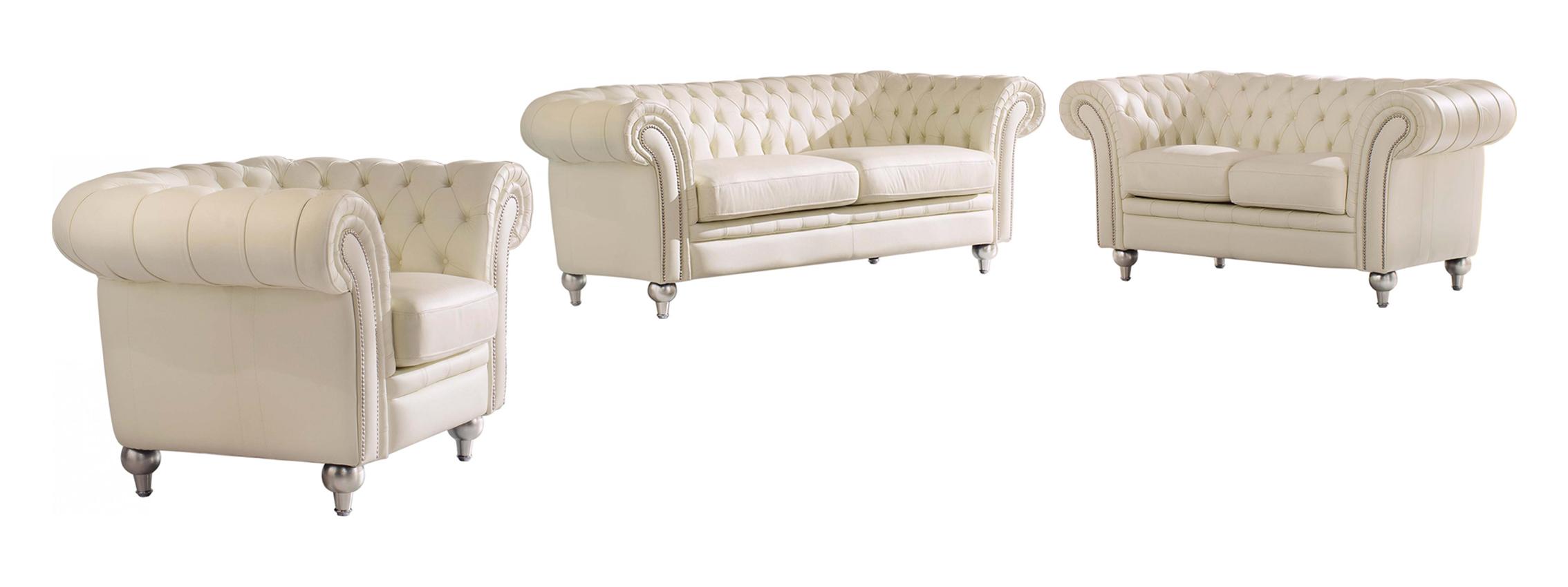 Contemporary Sofa Loveseat and Chair Set LH2044-IV-S/L/C LH2044-IV-Sofa Set-3 in Ivory Genuine Leather