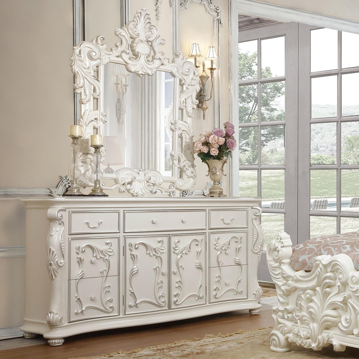 Traditional Dresser With Mirror HD-8008I HD-8008I-D-2PC in Silver, Ivory 