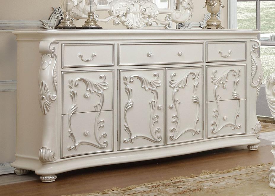 

    
Ivory & Silver Accents Dresser & Mirror Set 2Pcs Carved Wood Homey Design HD-8008I
