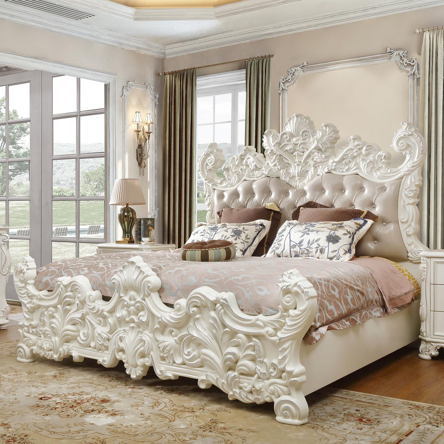 Traditional Panel Bed HD-8008I HD-8008I-EK in Silver, Ivory Leather