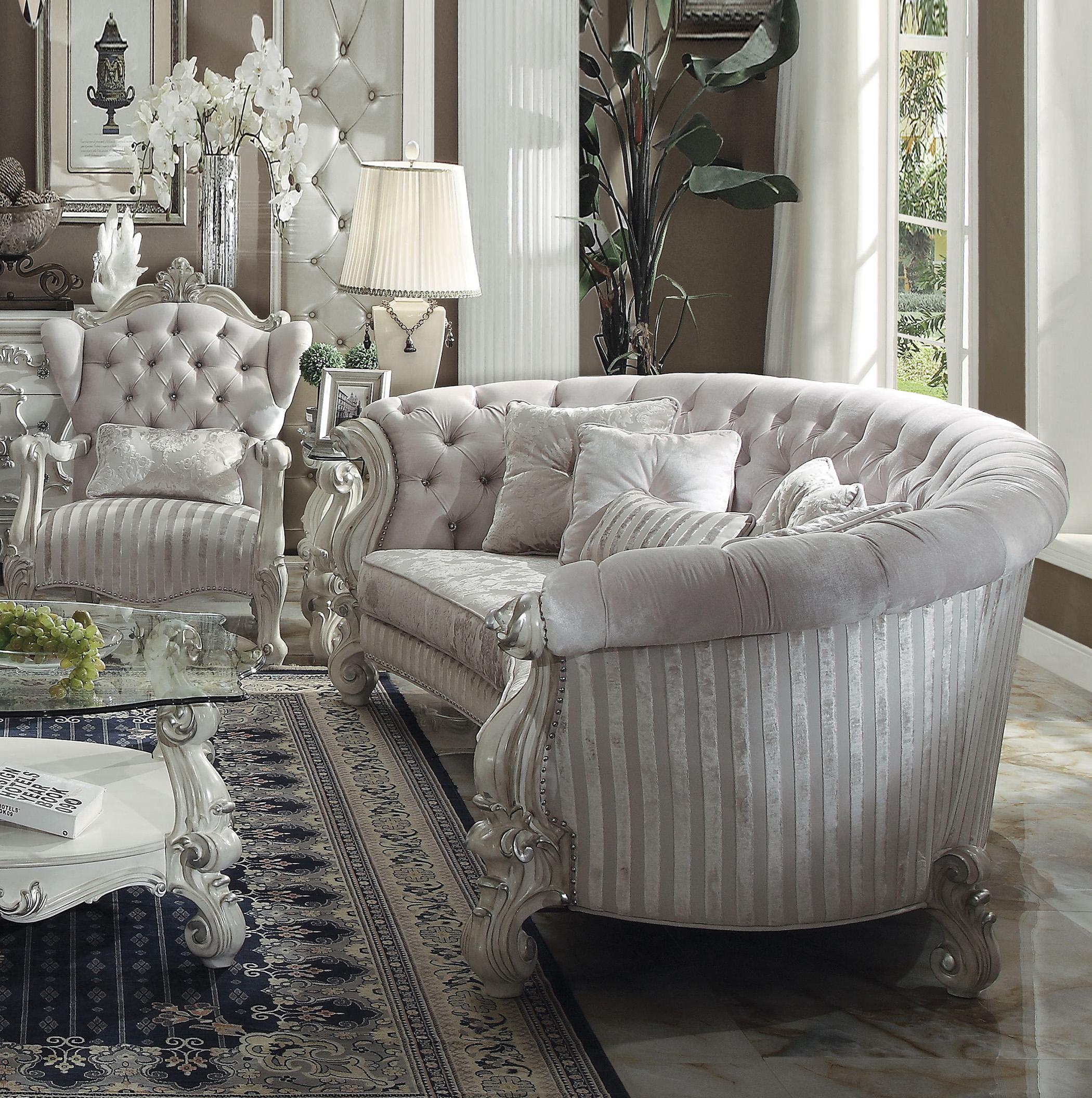 Traditional,  Vintage Sofa Chair Versailles-52085 Versailles-52085-Set-2 in Bone, White, Ivory Soft Velvet