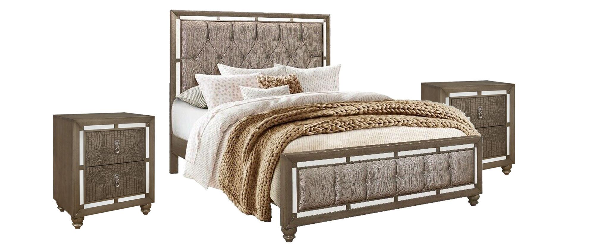 Contemporary Panel Bedroom Set IVY CHAMPAGNE IVY-CHAMPAGNE-KB-Set-3 in Silver, Champagne Fabric