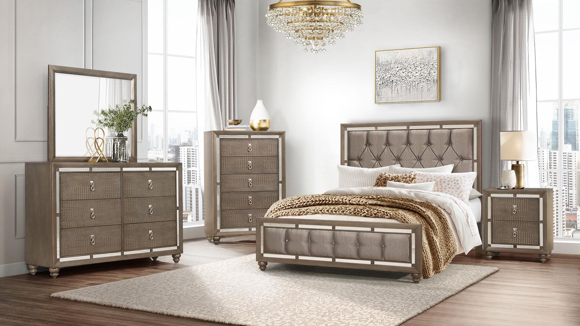 

                    
Buy IVY CHAMPAGNE  Silver Finish Upholstered Headboard King Bed Set 3Pcs Global US
