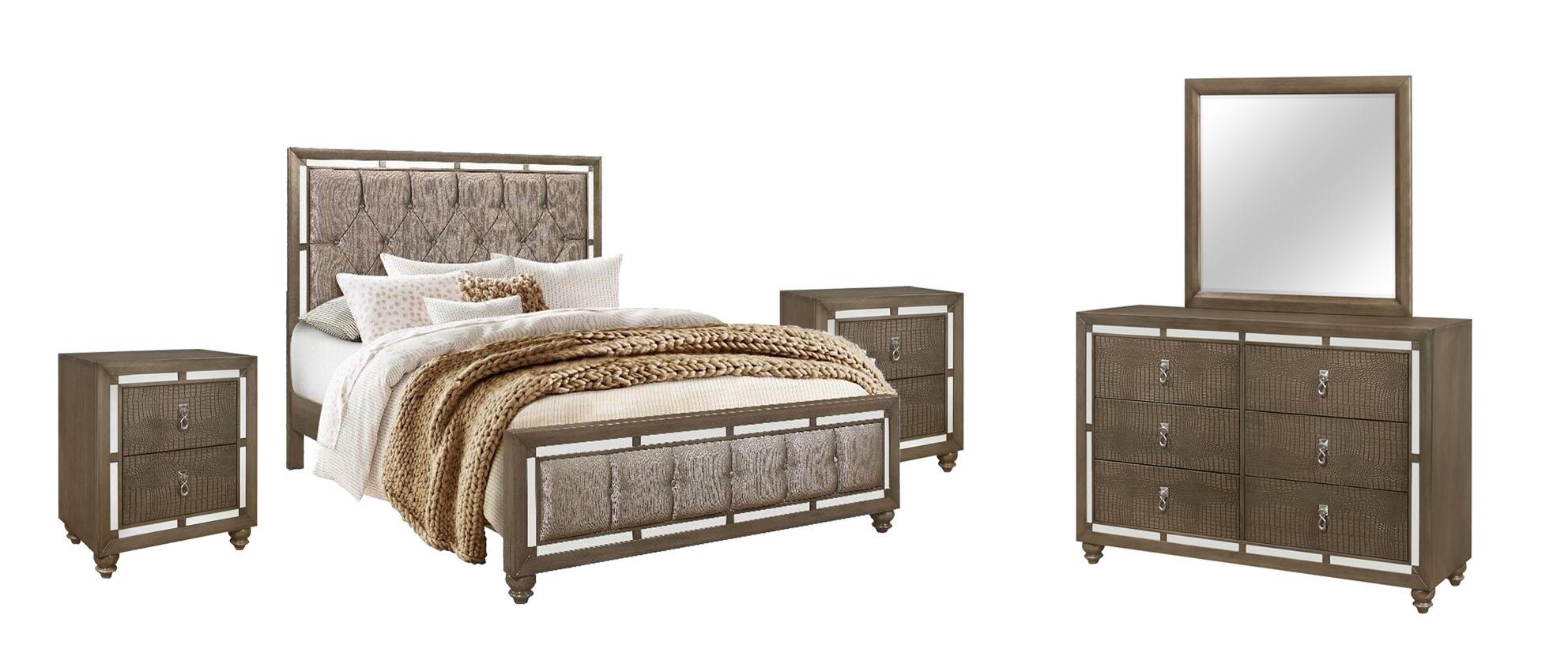 Contemporary Panel Bedroom Set IVY CHAMPAGNE IVY-CHAMPAGNE-QB-Set-5 in Silver, Champagne Fabric