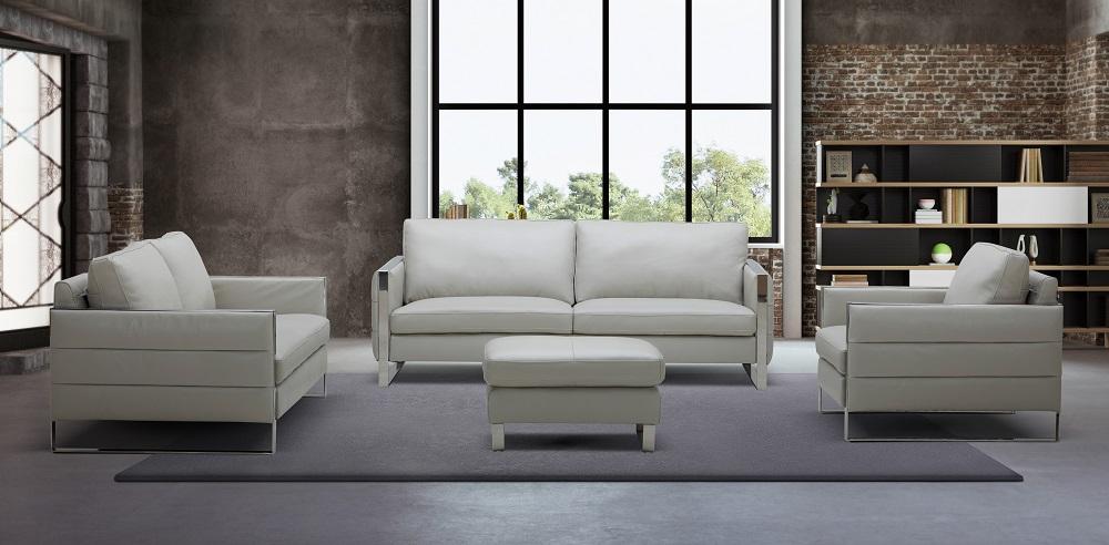 Contemporary, Modern Sofa Loveseat Chair and Ottoman Set Constantin SKU18723 -Set-4 in Light Gray Italian Leather