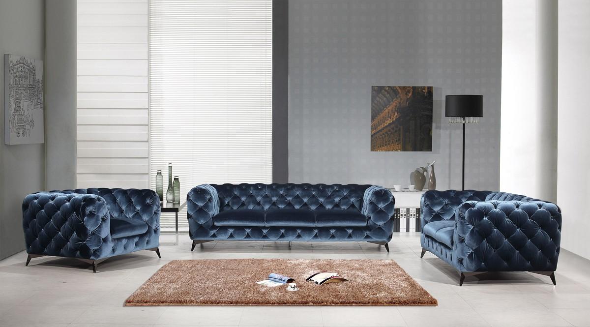 Contemporary, Modern Sofa Loveseat and Chair Set Glitz SKU184451-Set-3 in Blue Velour