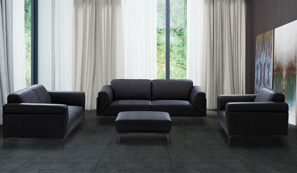 Modern Sofa Loveseat Chair and Ottoman Set Knight SKU18249-Set-4 in Black Leather