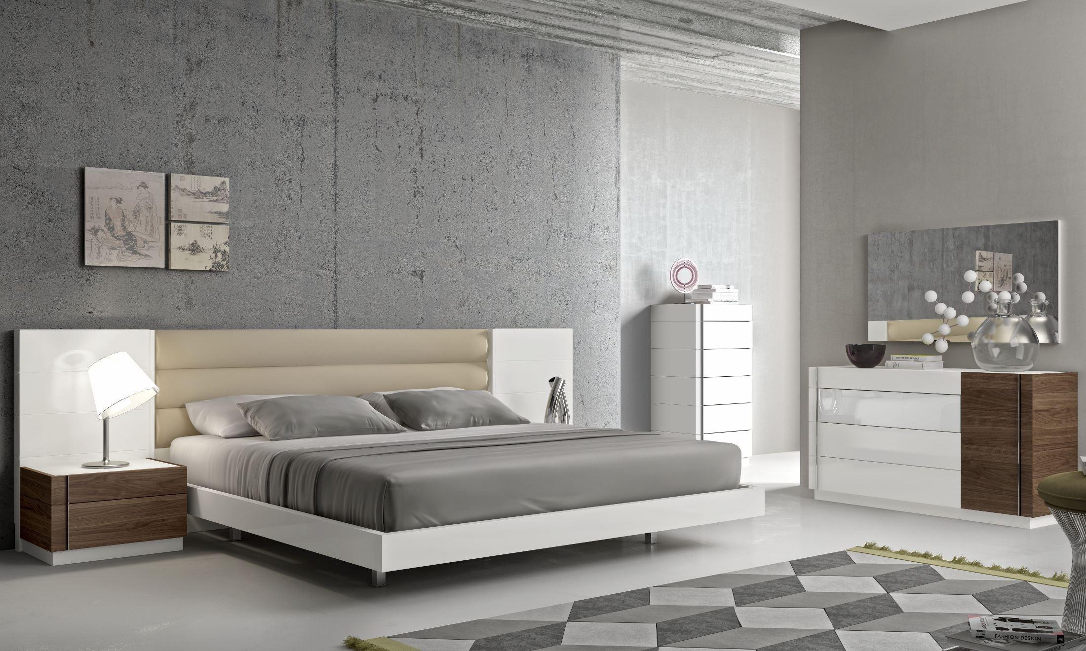 Contemporary Platform Bedroom Set Lisbon SKU17871-EK-Set-5 in White, Beige Leather