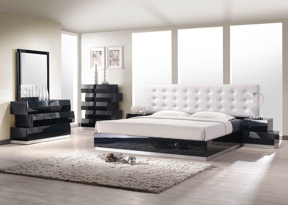 Contemporary Platform Bedroom Set Milan SKU17687-EK-Set-5 in White, Black Leatherette