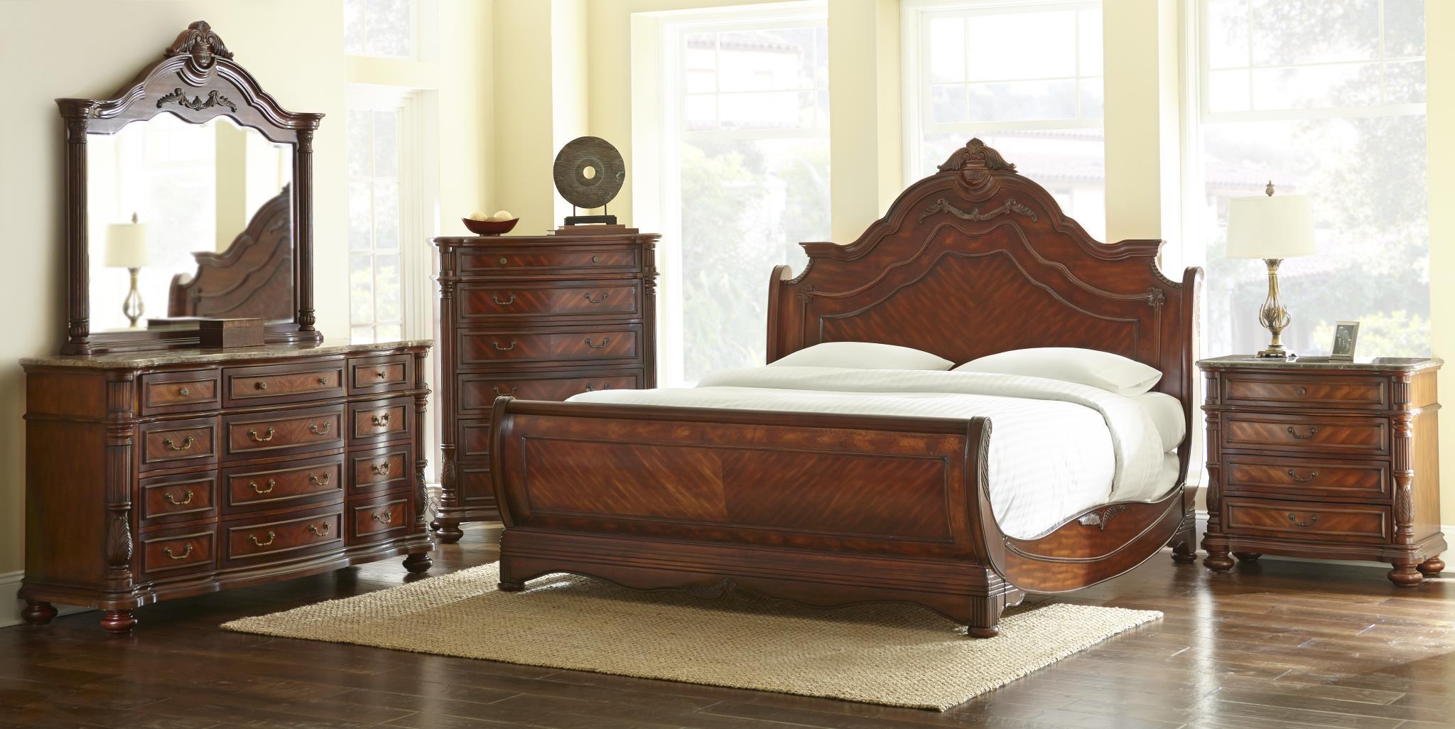 

    
Jasper Luxury King Cherry Sleigh Bed 5piece Bedroom Furniture Set w/ Marble Tops
