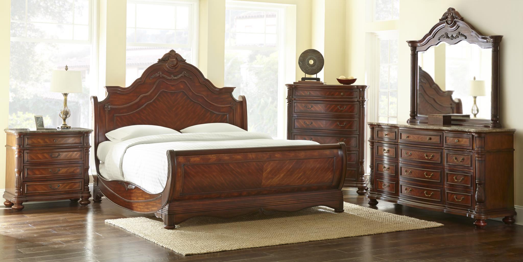 

    
Jasper Luxury King Cherry Sleigh Bed Marble 5 pc Bedroom Furniture Set w/ Chest
