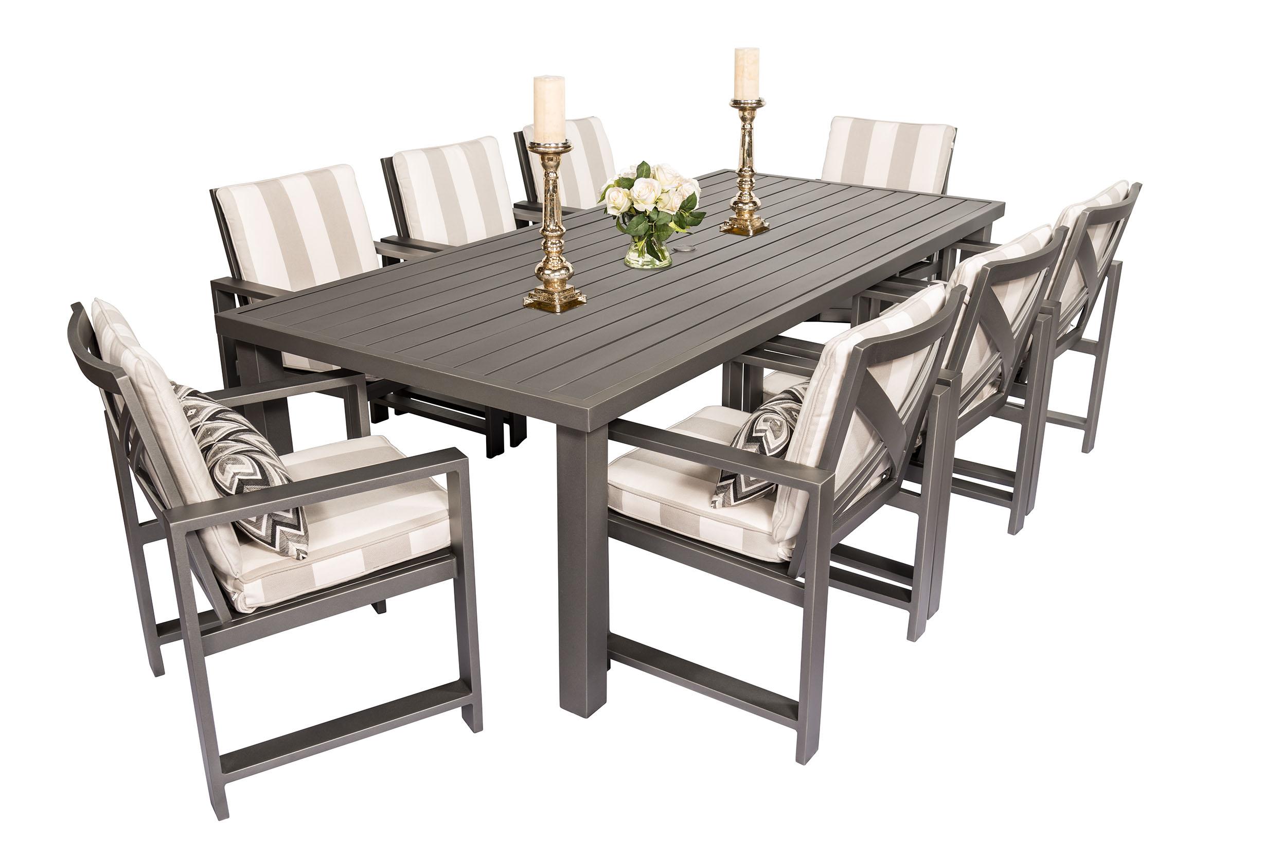 Contemporary Outdoor Dining Set Jolee RCTDT9644JL  JLDC-Set-9 in Natural, Gray Fabric