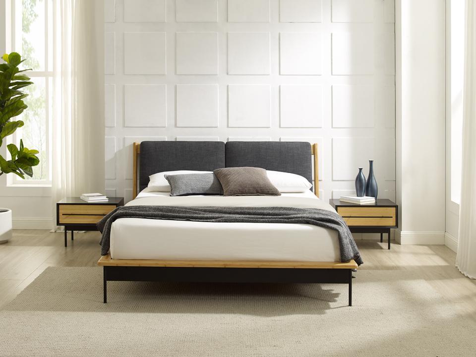 

                    
Buy King Platform Bed Wheat Bamboo Grey Fabric Modern Santa Cruz by Greenington
