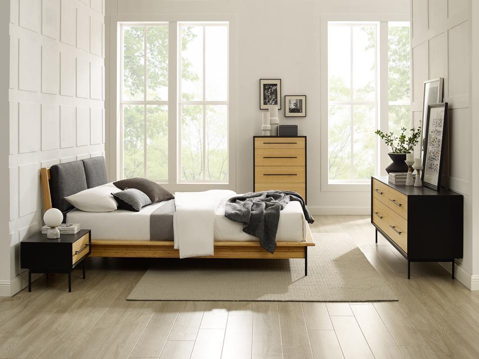 

    
King Platform Bedroom Set 5Pcs  Wheat Bamboo Grey Fabric Modern Santa Cruz by Greenington
