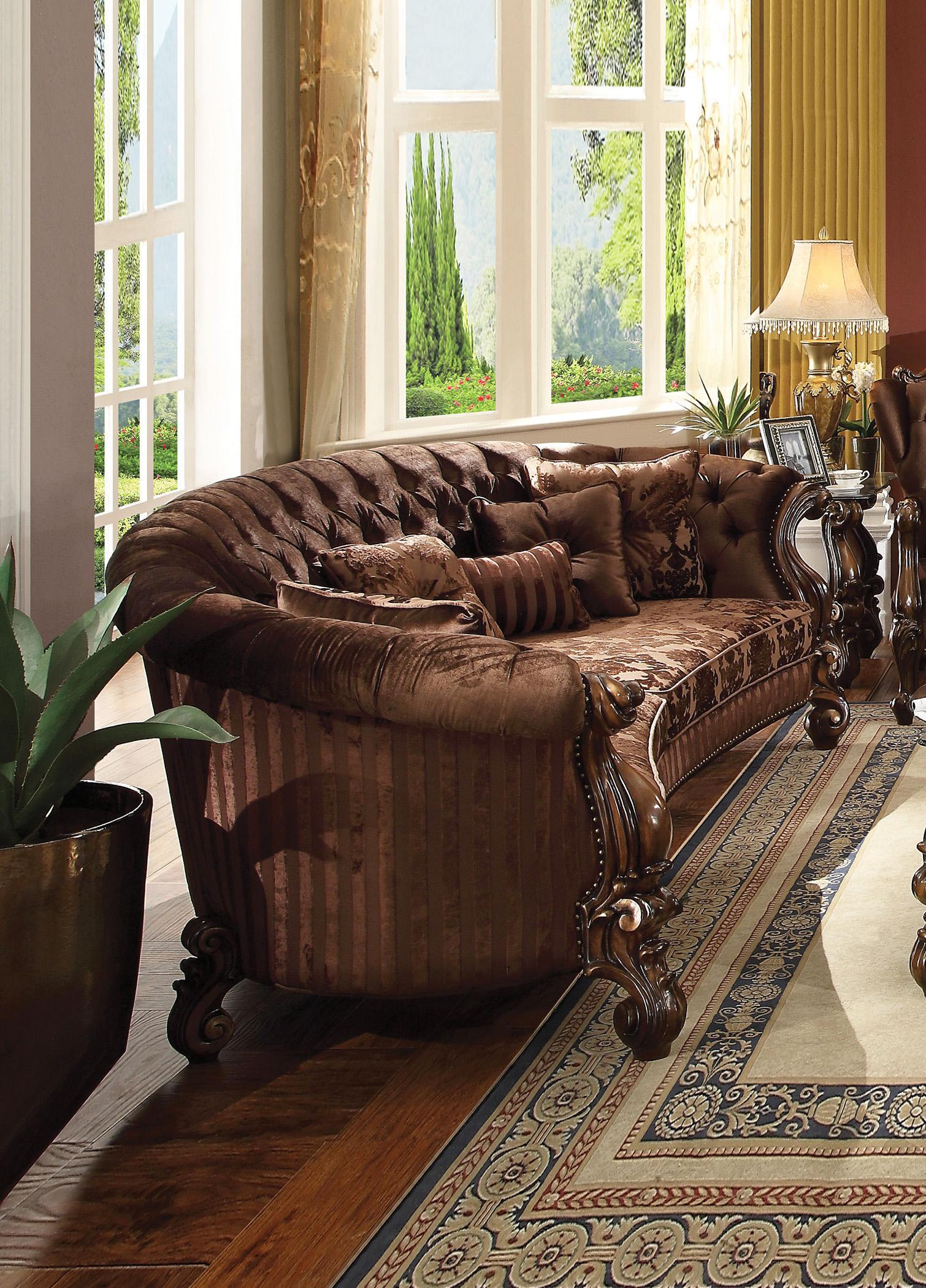 

    
Luxury Brown Cherry Oak Velvet Levon Curved 55" Tufted Sofa Set 2 Pcs Classic
