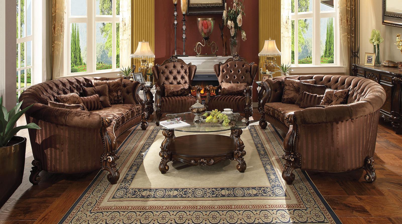 Traditional,  Vintage Sofa Set Levon Brown Levon Brown Sofa Set-4 in Oak, Cherry, Brown Soft Velvet