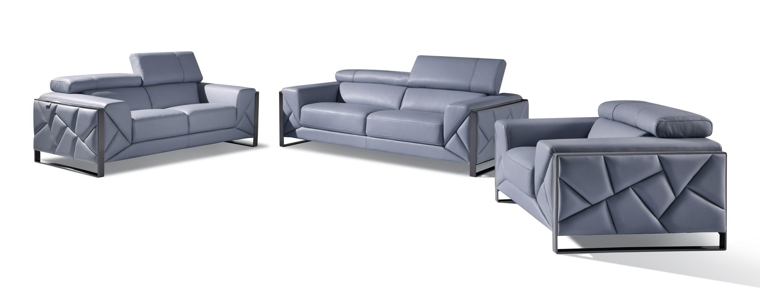 Contemporary Sofa Loveseat and Chair Set 903 903-LIGHT_BLUE-3-PC in Light Blue Genuine Italian Leatder