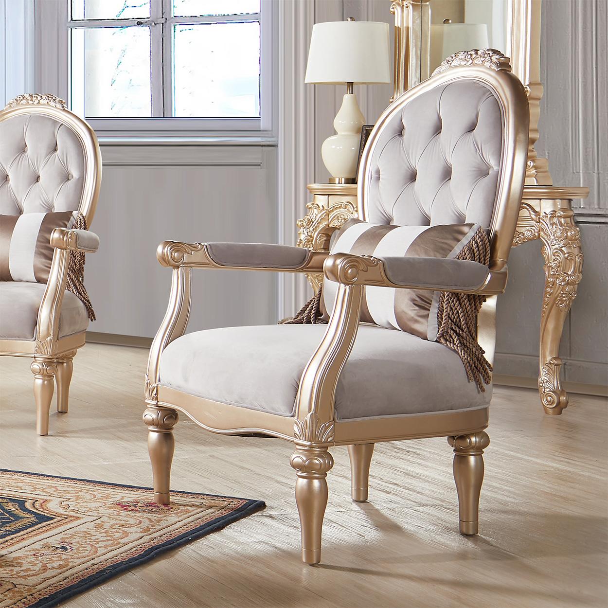 

    
Light Gray Fabric & Gold Finish Armchair Set 2Pcs Traditional Homey Design HD-2670
