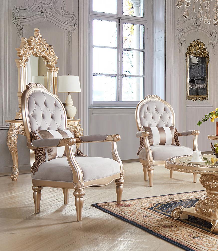 

    
Light Gray Fabric & Gold Finish Armchair Set 2Pcs Traditional Homey Design HD-2670
