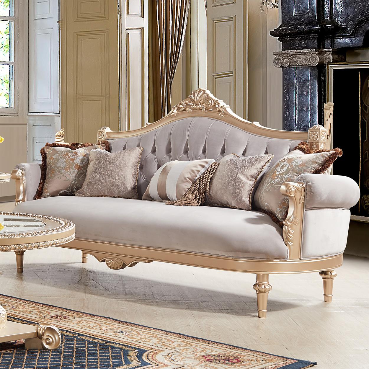 

    
Light Gray Fabric & Gold Finish Sofa Set 7Pcs w/ Occasional Tables Traditional Homey Design HD-2670
