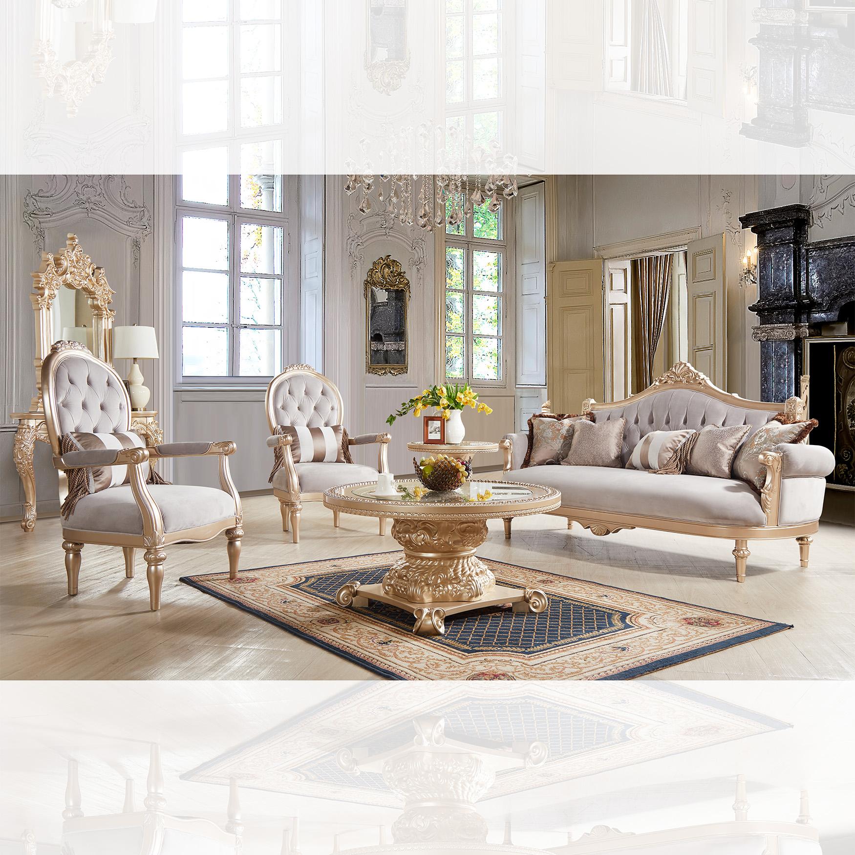 

    
 Shop  Light Gray Fabric & Gold Finish Sofa Set 7Pcs w/ Occasional Tables Traditional Homey Design HD-2670
