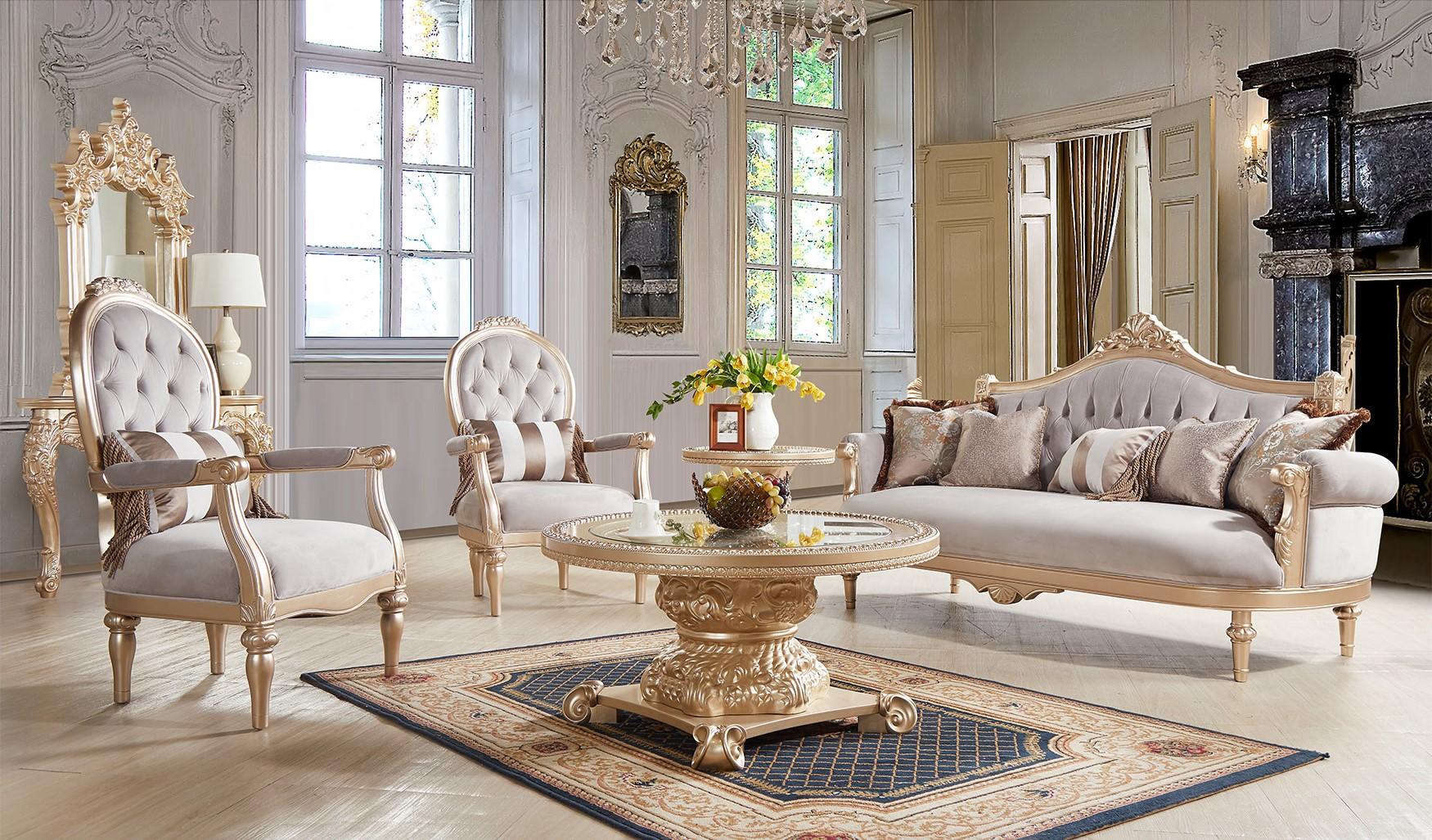 

    
Light Gray Fabric & Gold Finish Sofa Traditional Homey Design HD-2670

