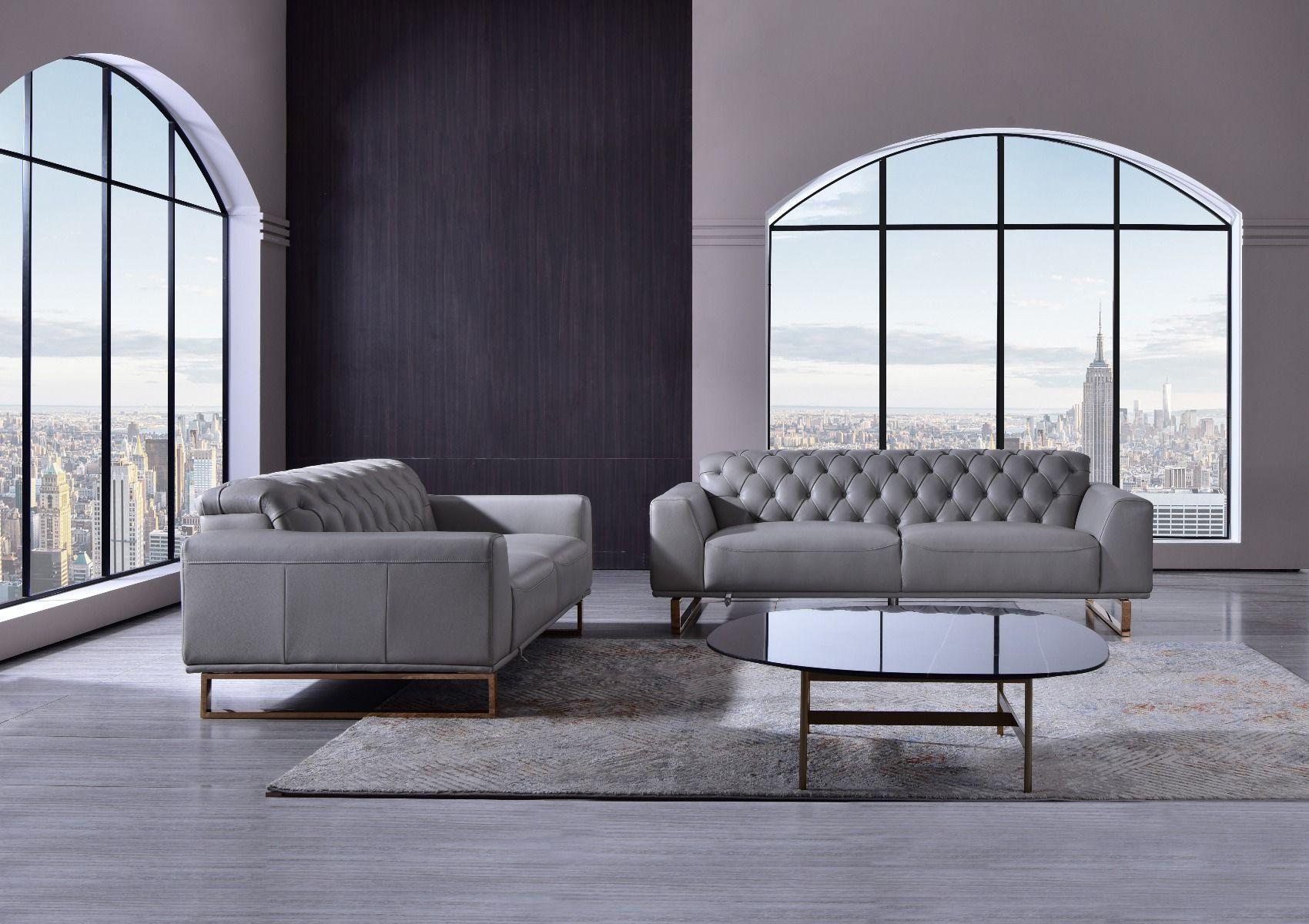 

    
Light Gray Full Italian Leather Tufted Sofa Set 2Pcs EK693-LG American Eagle
