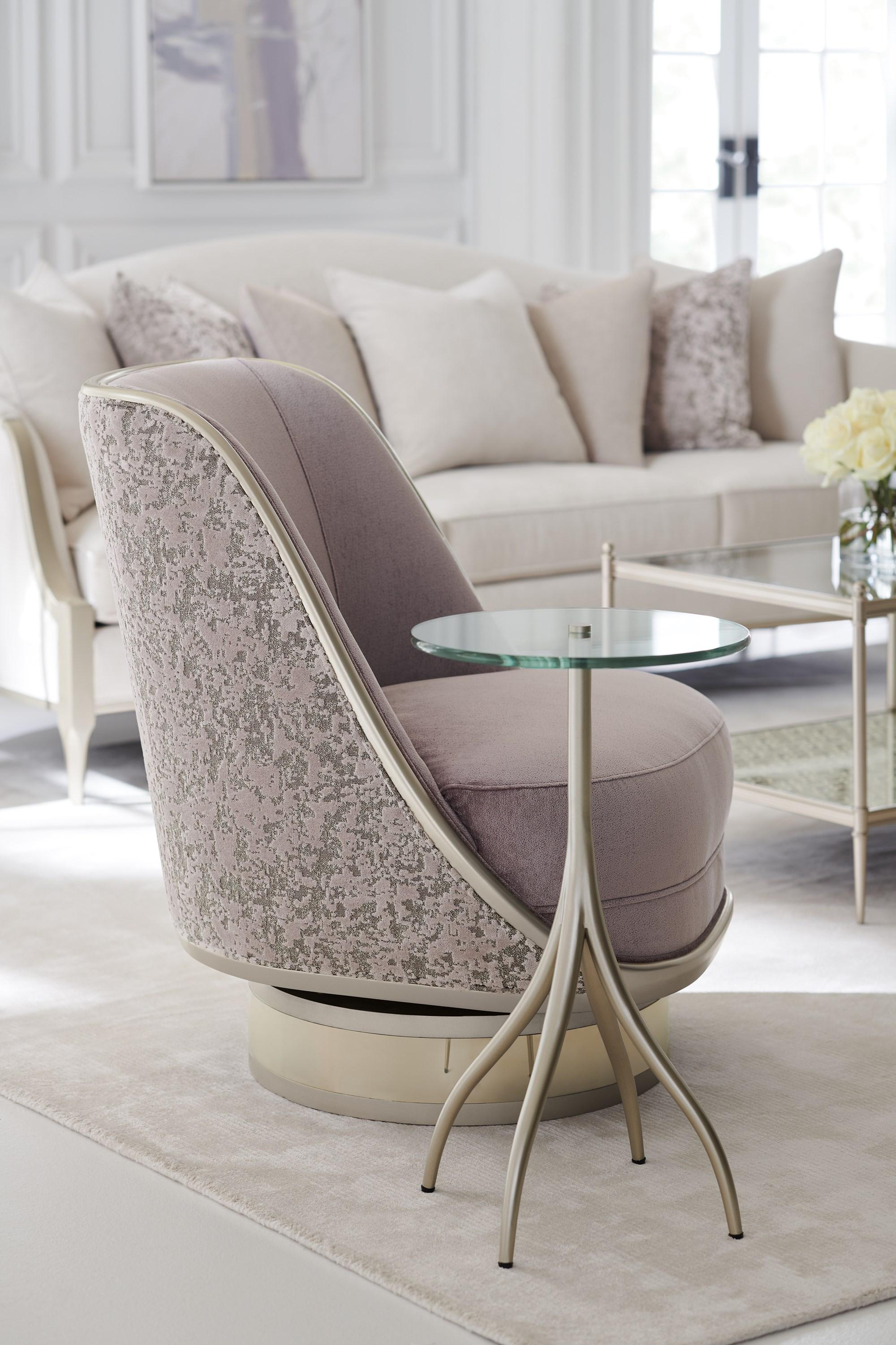

    
 Order  Light Gray & Gold Fabric Swivel Accent Chair GO FOR A SPIN by Caracole
