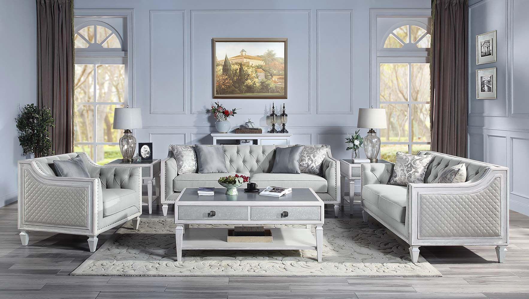 

    
Light Gray Linen & Weathered White Living Room Set by Acme Katia LV01049-6pcs
