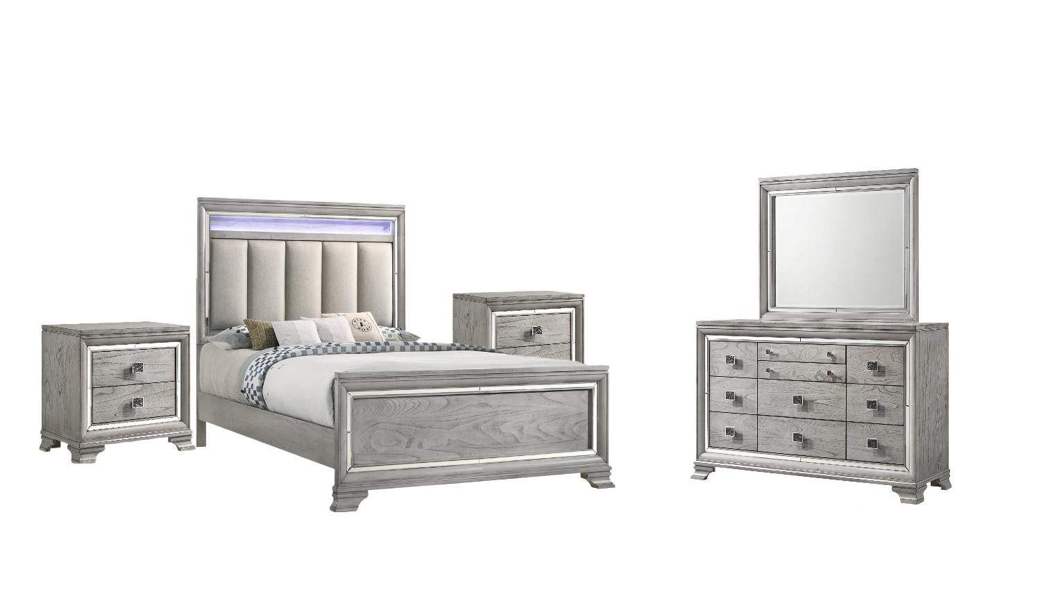

    
Light Gray Panel Bedroom Set w/ LED Light by Crown Mark Vail B7200-Q-Bed-5pcs

