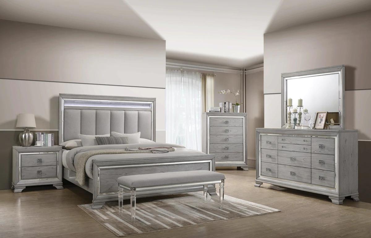 Modern, Casual Panel Bedroom Set Vail B7200-Q-Bed-6pcs in Light Gray Velvet