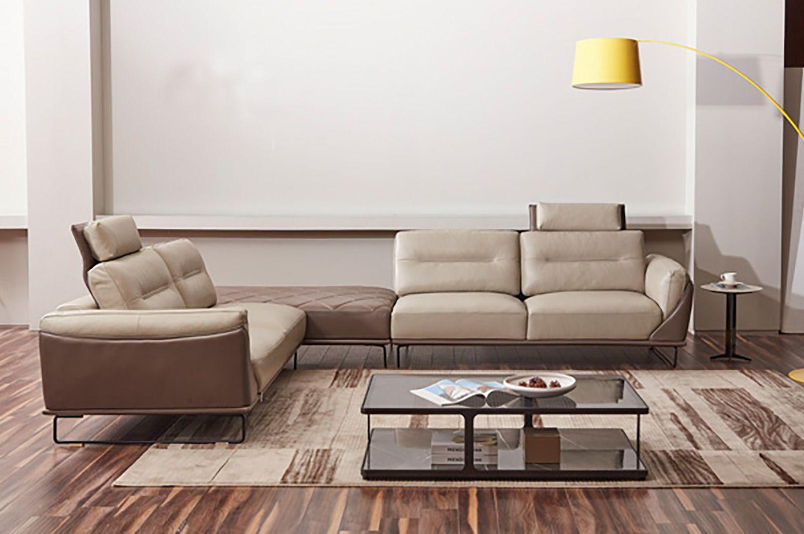 Contemporary Sectional Sofa EK-L8011M-LG/TPE EK-L8011M-LG/TPE in Light Gray, Taupe Leather