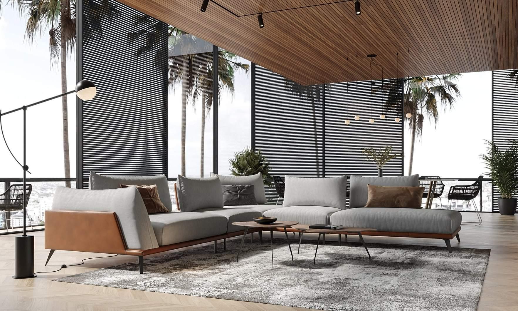 Contemporary, Modern Sectional Sofa 595 Moka 595SC1203A in Light Grey, Tan Fabric