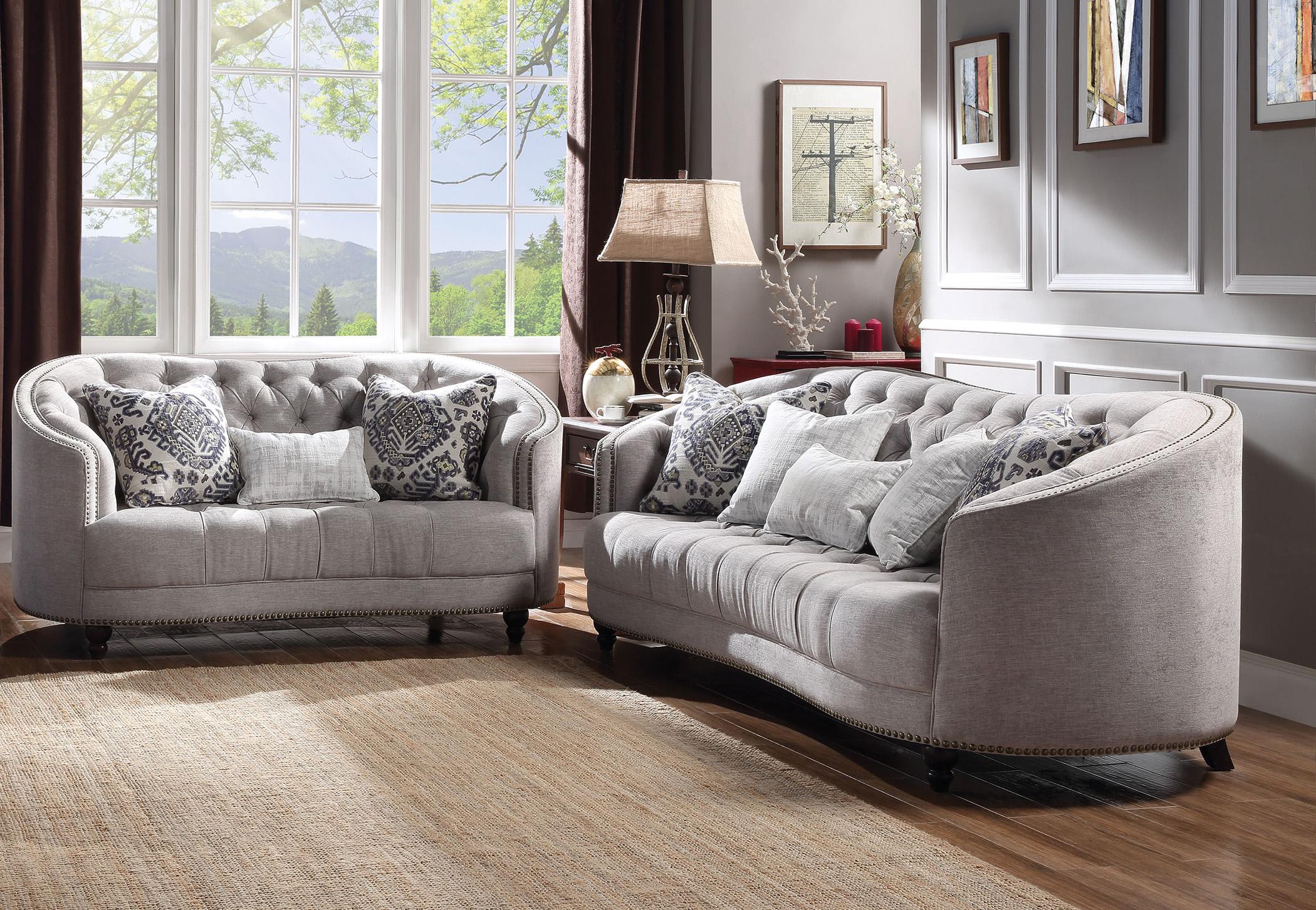 Light Gray Fabric Tufted Sofa Set 2 Pcs Saira 52060 Acme Vintage Traditional