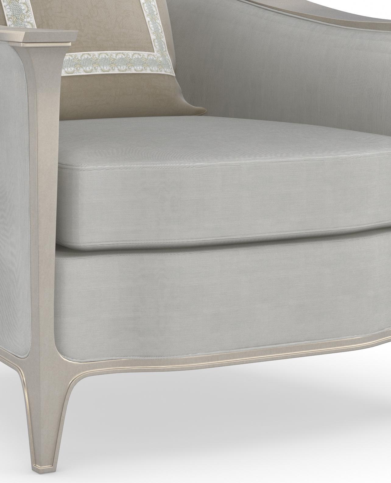 

    
Light Grey Velvet Wood Frame in Metallic Silver  Accent Chair EAVES DROP by Caracole
