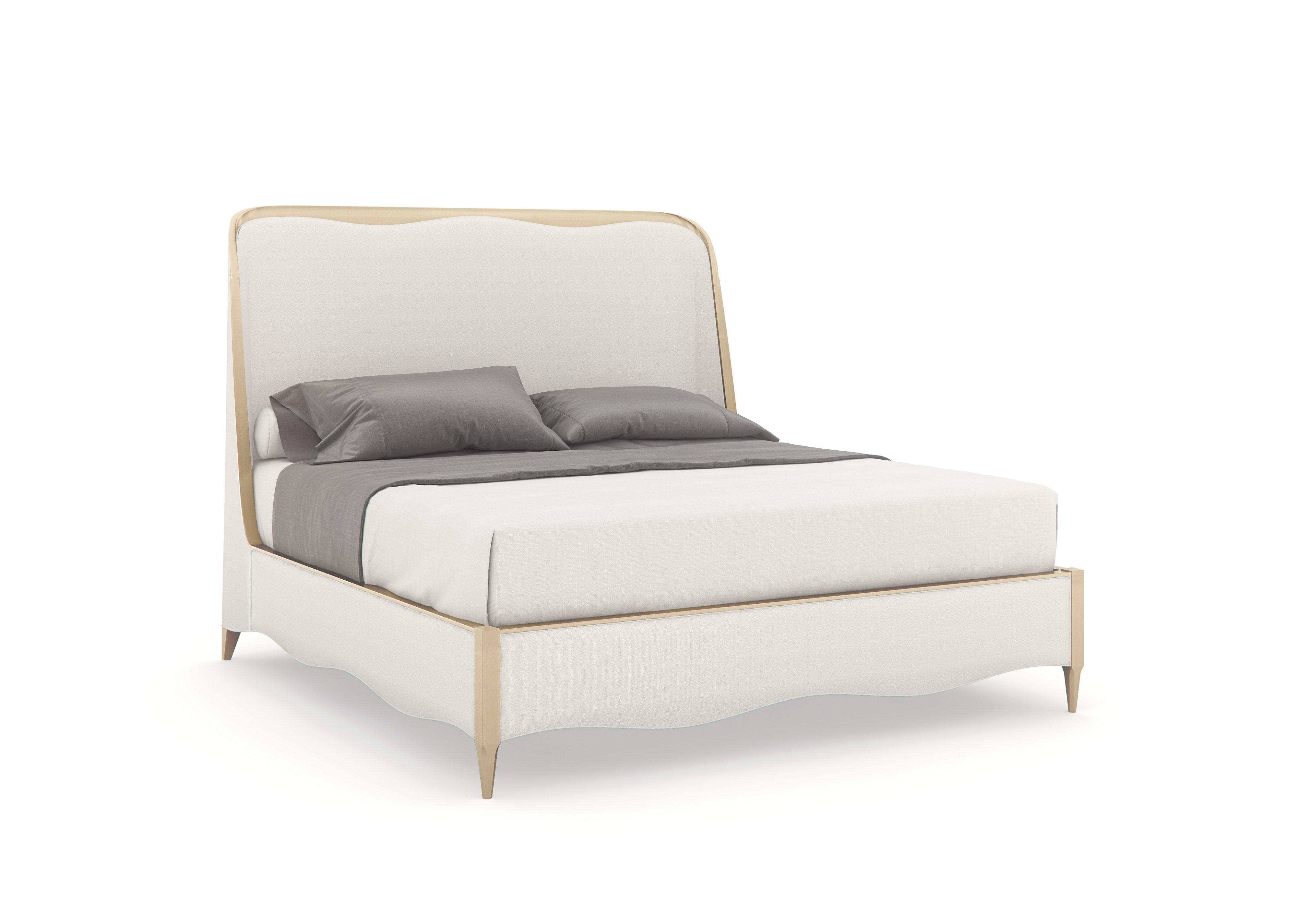 

    
Light-Toned Fabric Champagne Pearl Finish CAL King Bed Deep Sleep by Caracole
