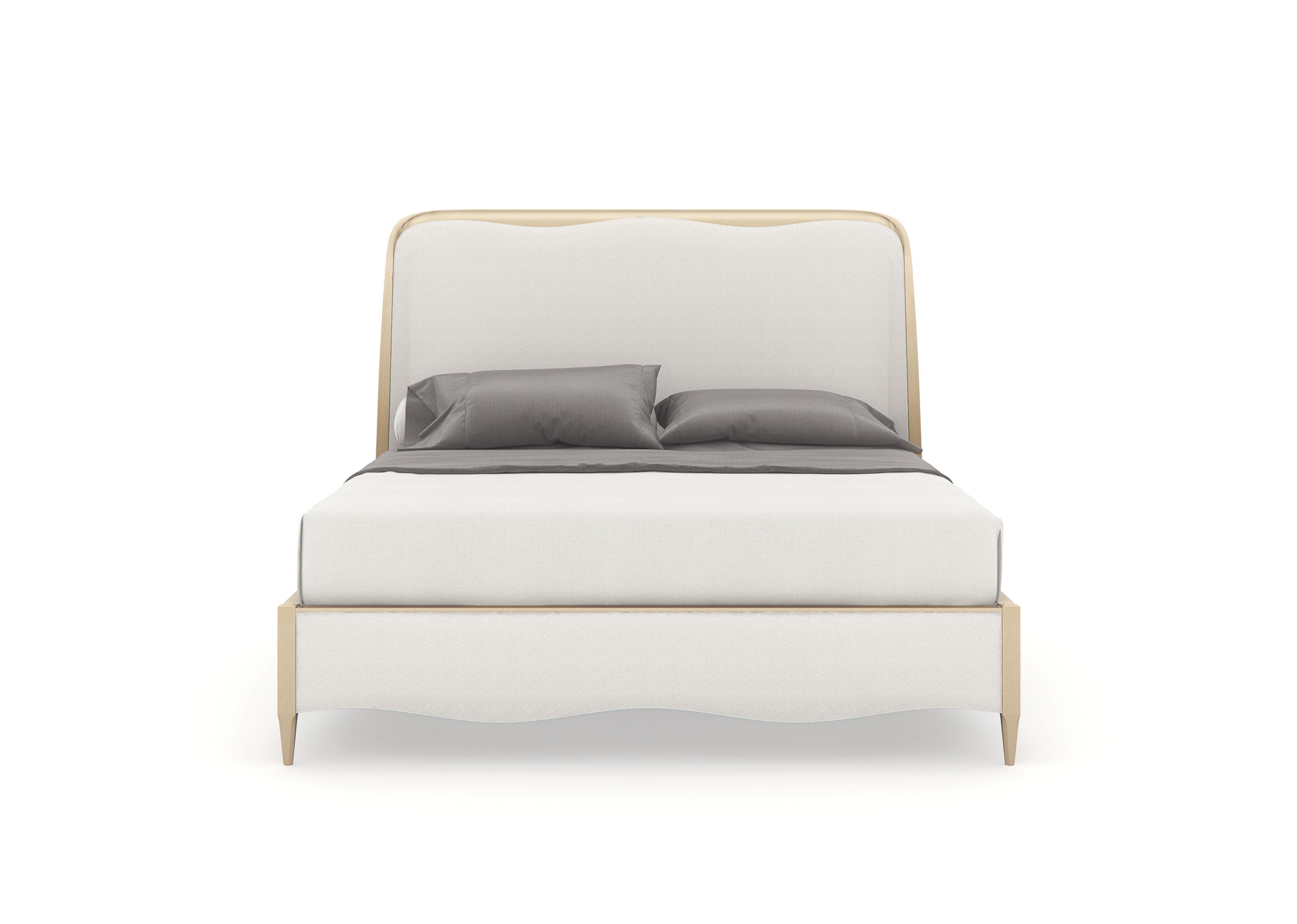 

    
Light-Toned Fabric Champagne Pearl Finish CAL King Bed Deep Sleep by Caracole
