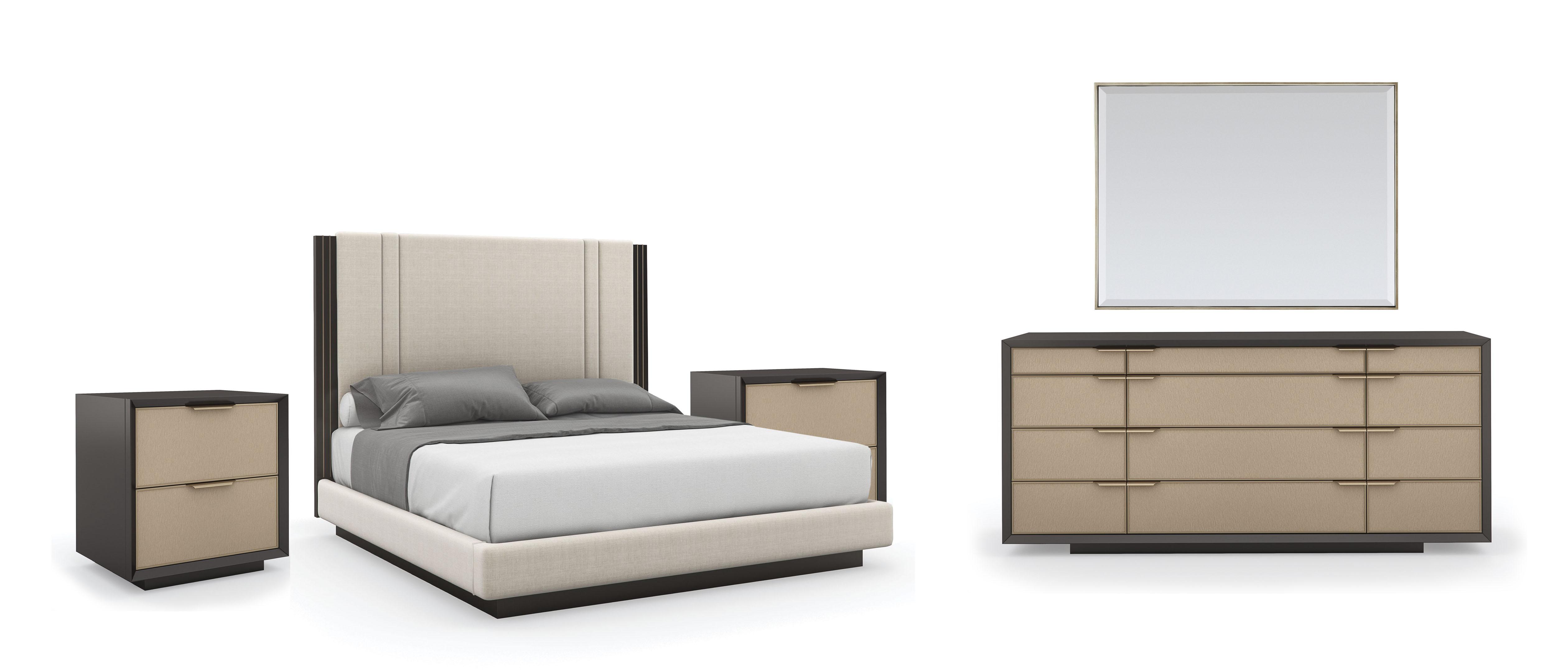 Contemporary Platform Bed Set DECENT PROPOSAL / DOUBLE WRAP / ALL WRAPPED UP / REMIX RECTANGLE MIRROR CLA-020-125-Set-5 in Light Gray Fabric