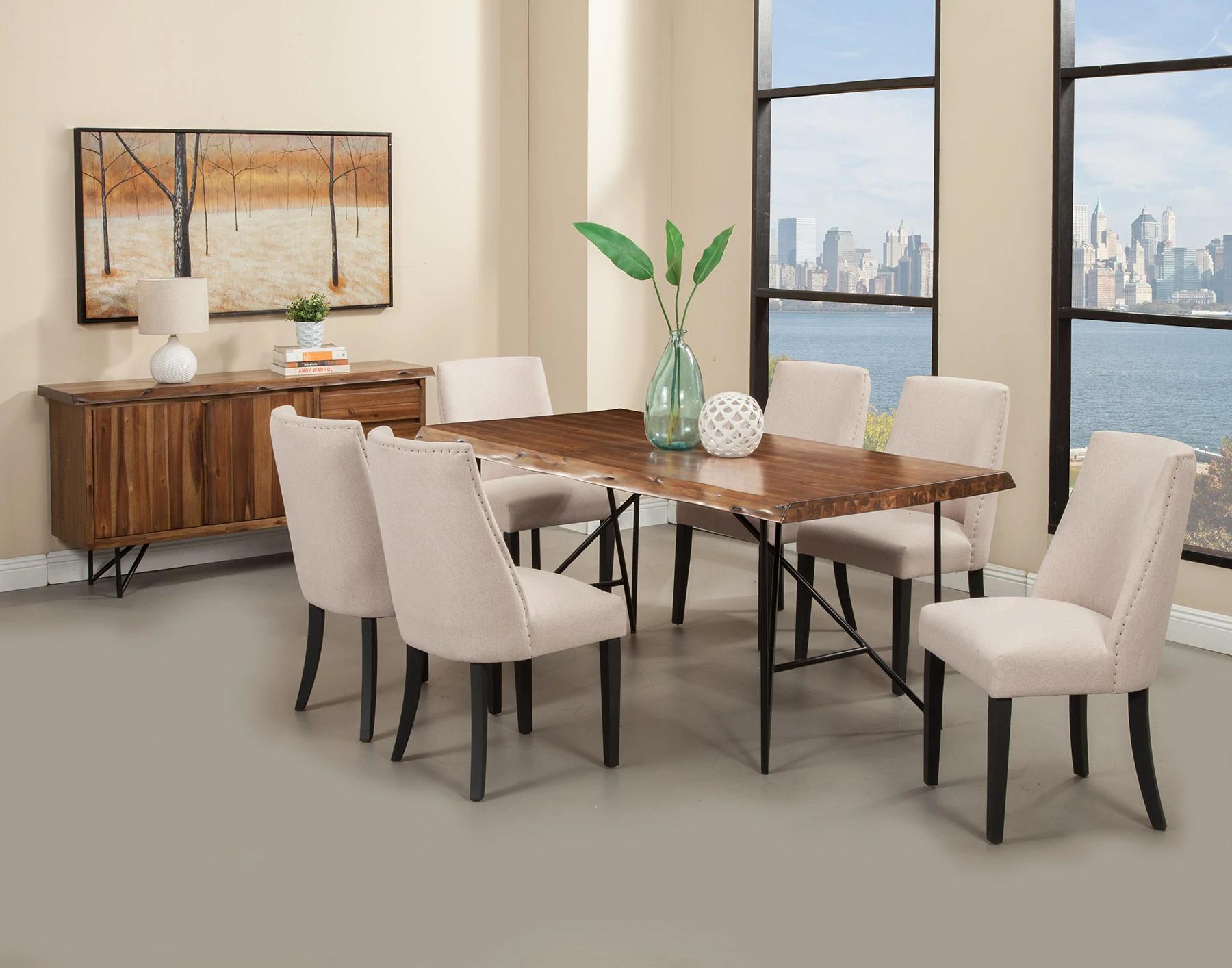 

    
Light Walnut Solid Acacia Wood Dining Table Set 7 LIVE EDGE ALPINE Rustic Modern
