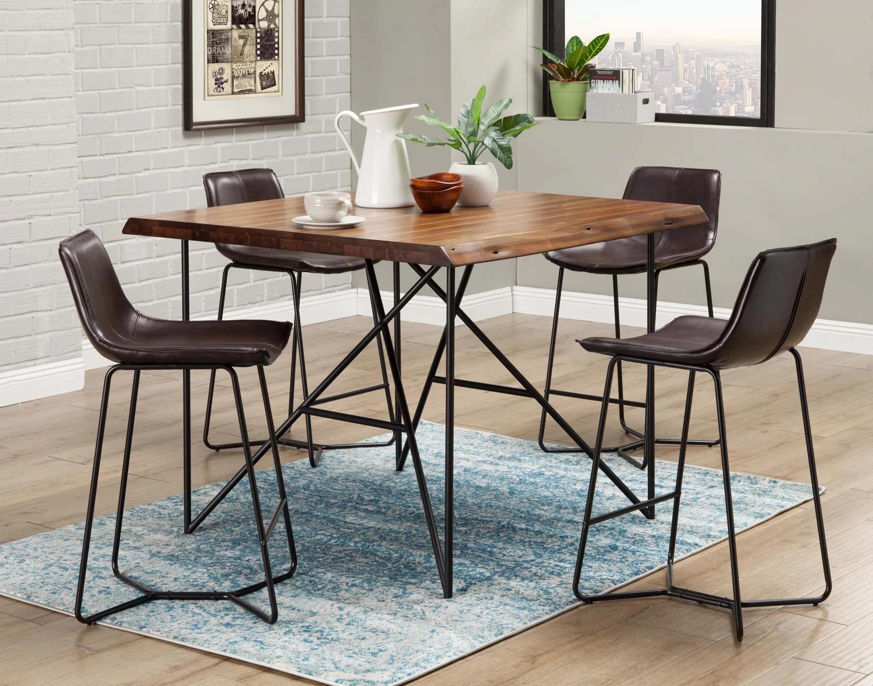 Contemporary, Rustic Dining Table Set LIVE EDGE 1968-48-Set-5 in Dark Brown, Walnut, Black Bonded Leather