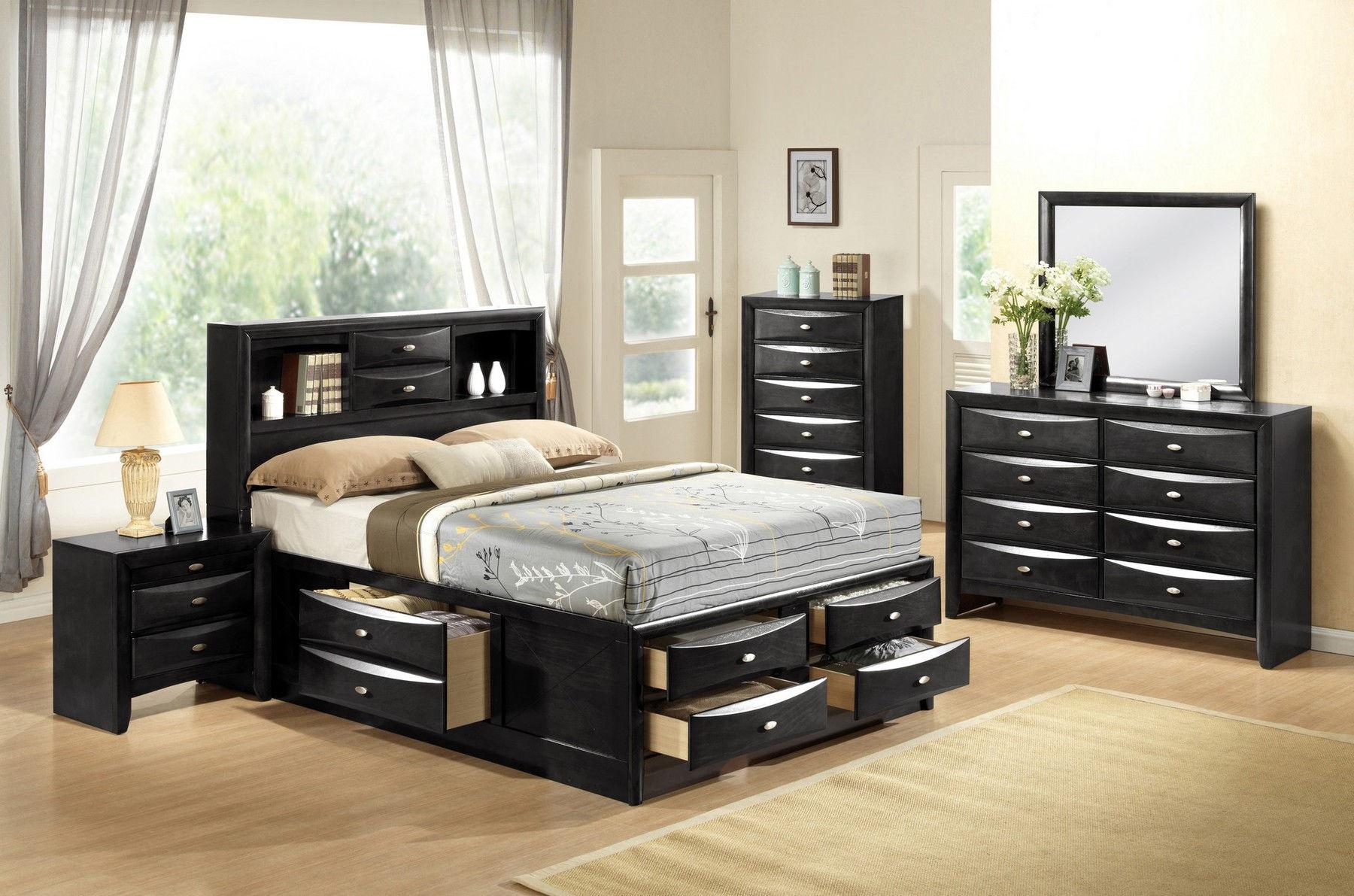

    
LINDA Black Wood Storage Queen Bedroom Set 5Pcs w/ Chest w/ Platform & Drawers Global US
