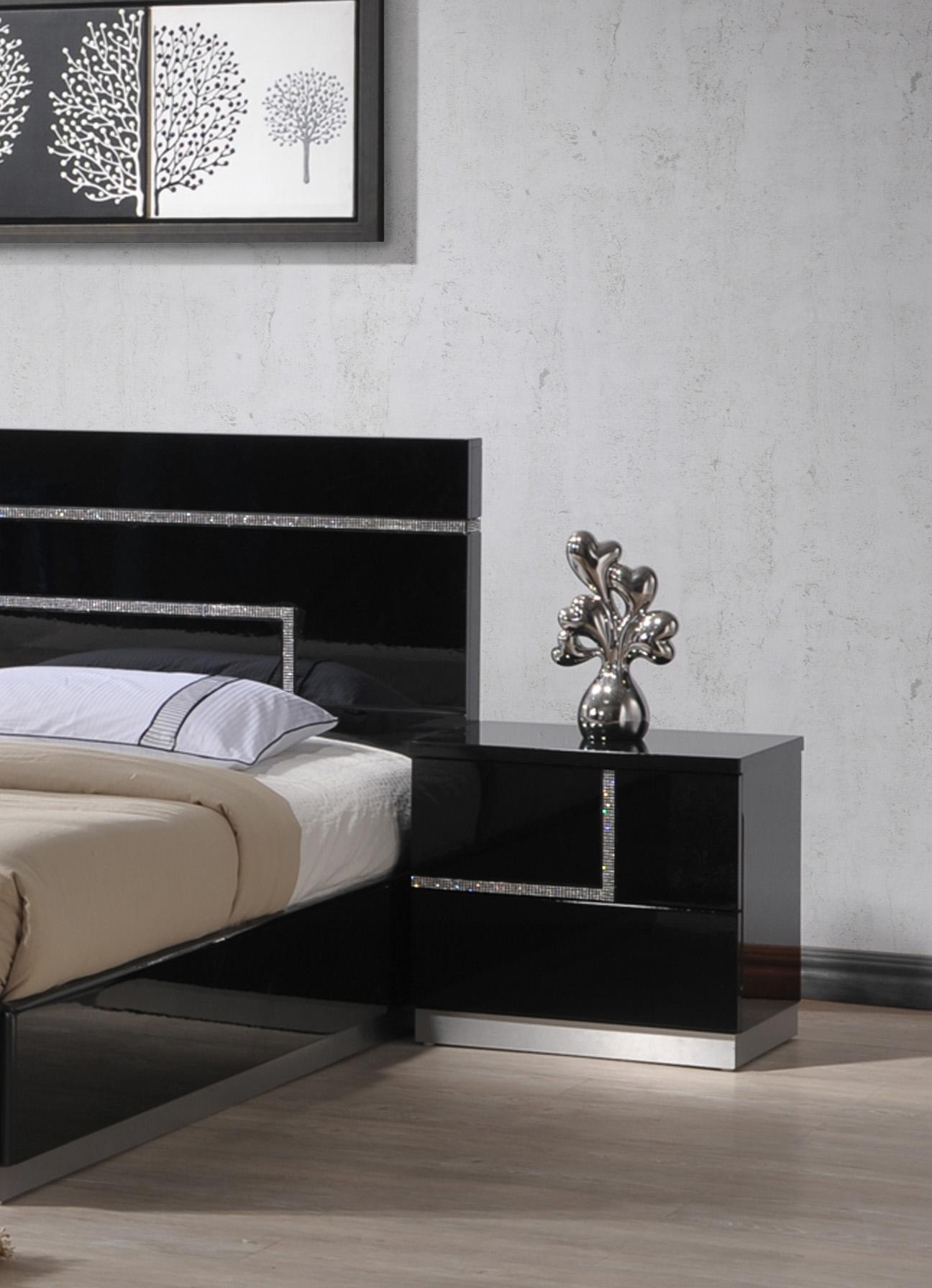 NEW Modern Queen King 4PC Bedroom Set Black Contemporary Crystal Trim  Bed/D/M/N